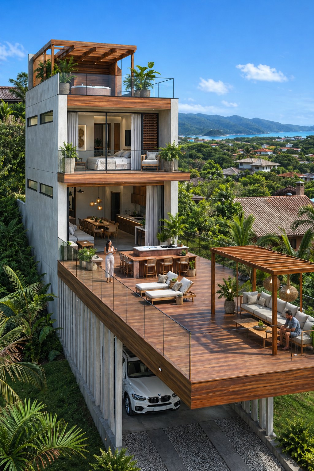Render do conceito Aurora Prime: residência triplex em terreno com declividade, deck suspenso com área gourmet, garagem no nível inferior e rooftop panorâmico com jacuzzi